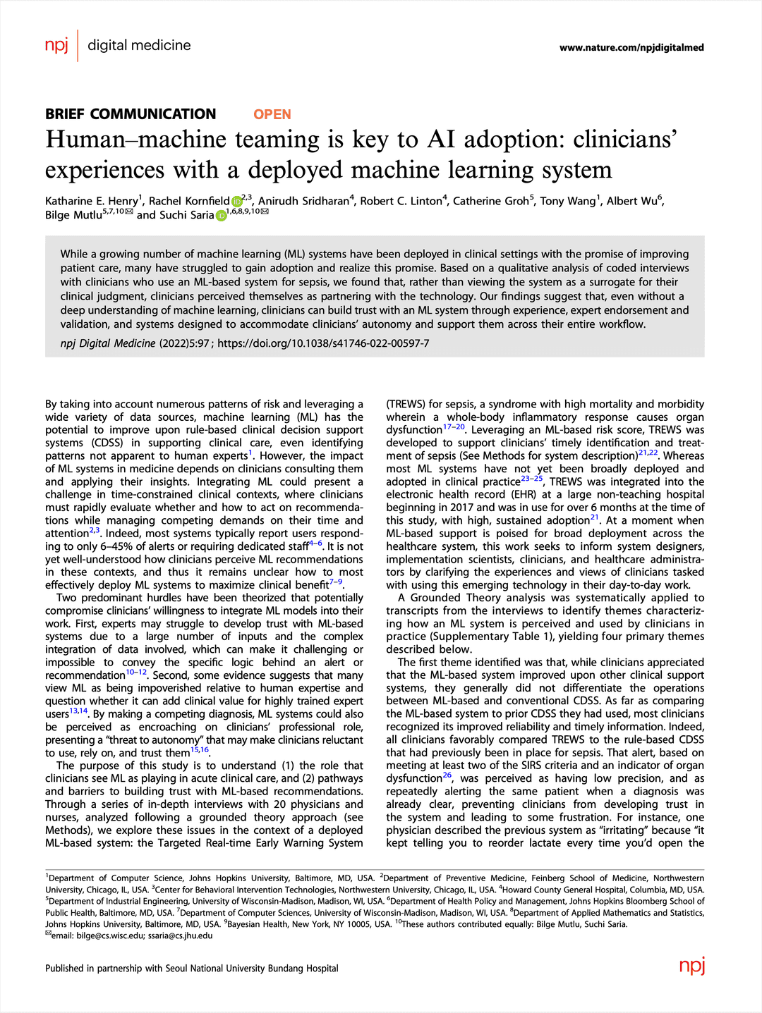 Human–machine teaming is key to AI adoption: clinicians’ experiences with a deployed machine learning system