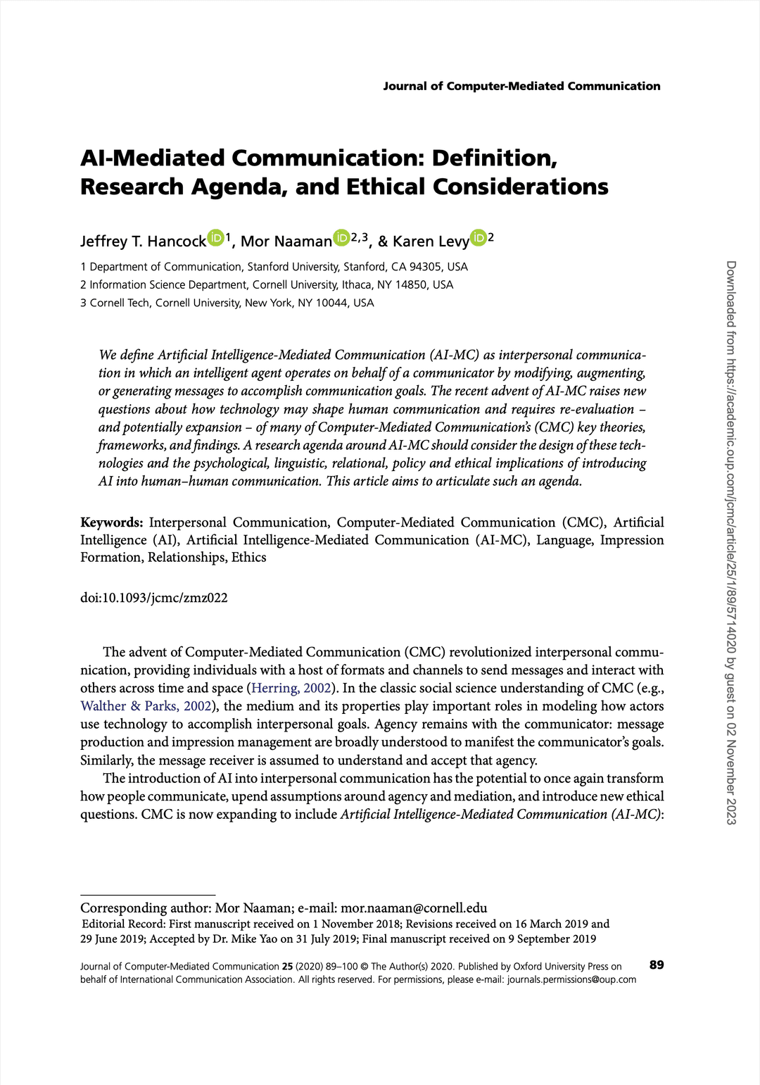 AI-Mediated Communication: Definition, Research Agenda, and Ethical Considerations