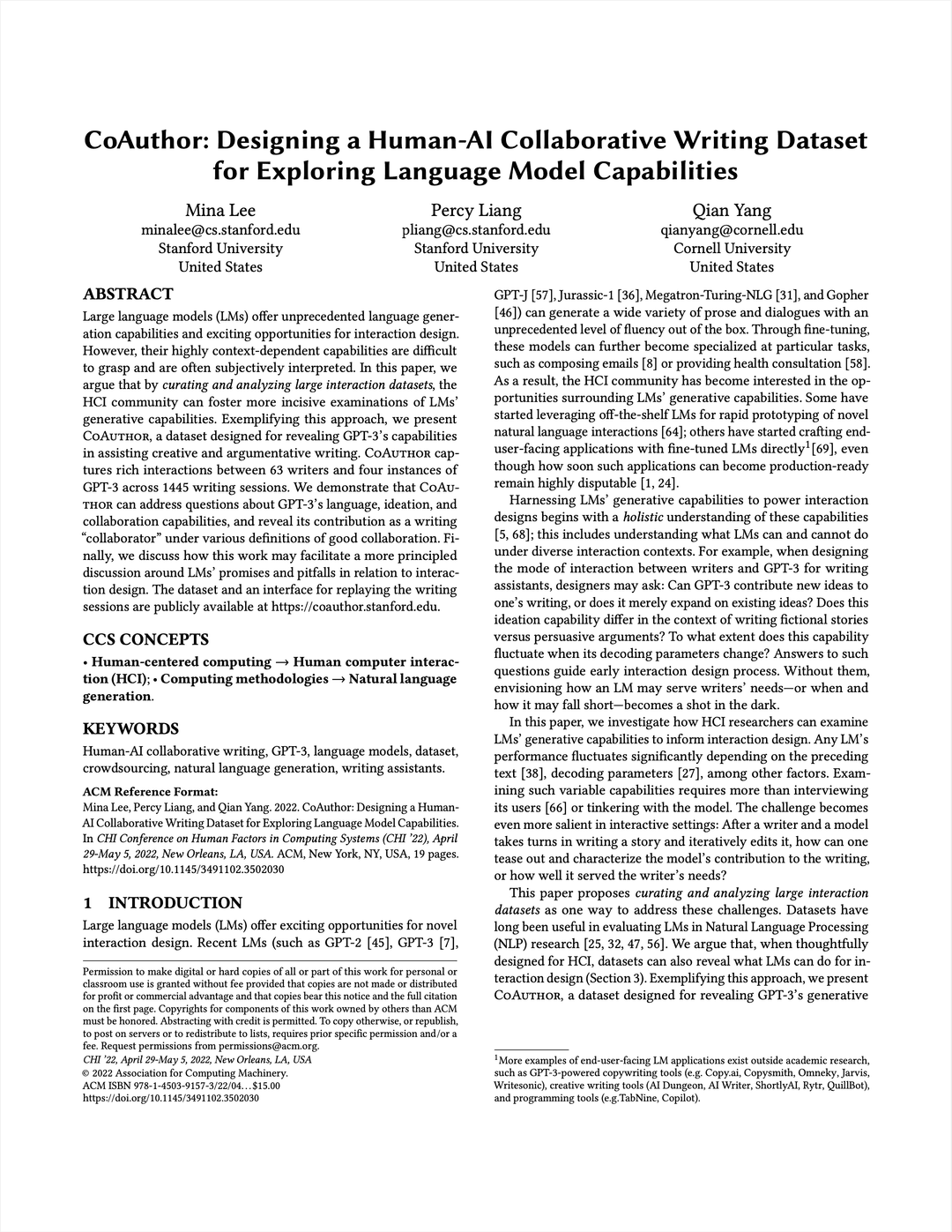 CoAuthor: Designing a Human-AI Collaborative Writing Dataset for Exploring Language Model Capabilities