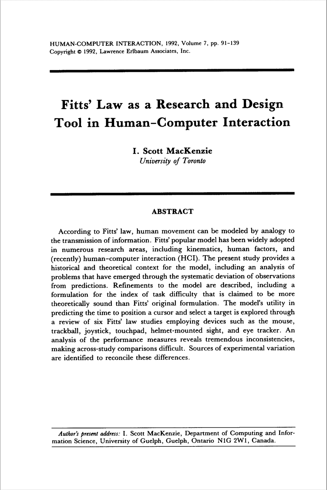 Fitts’ Law as a Research and Design Tool in Human-Computer Interaction