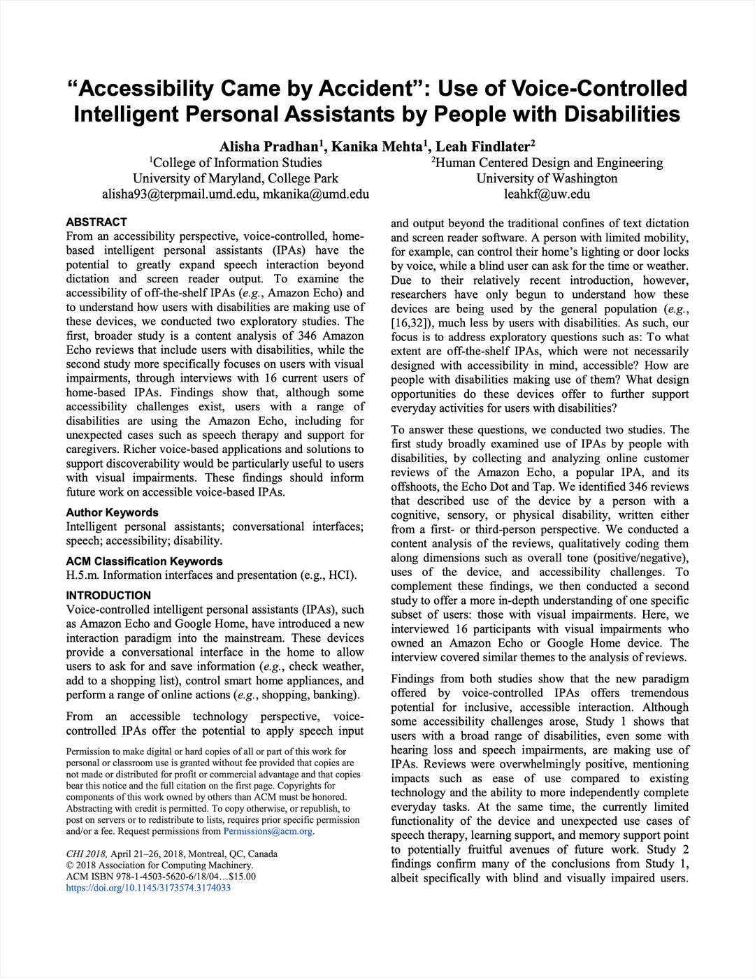 “Accessibility Came by Accident”: Use of Voice-Controlled Intelligent Personal Assistants by People with Disabilities