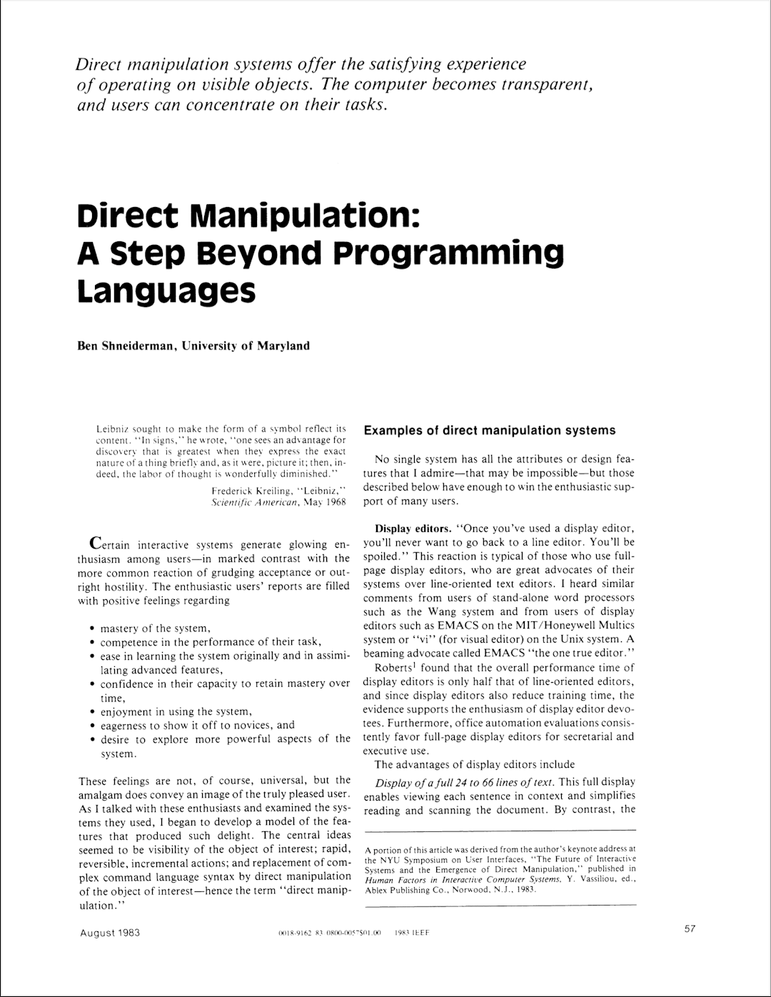 Direct Manipulation: A Step Beyond Programming Languages