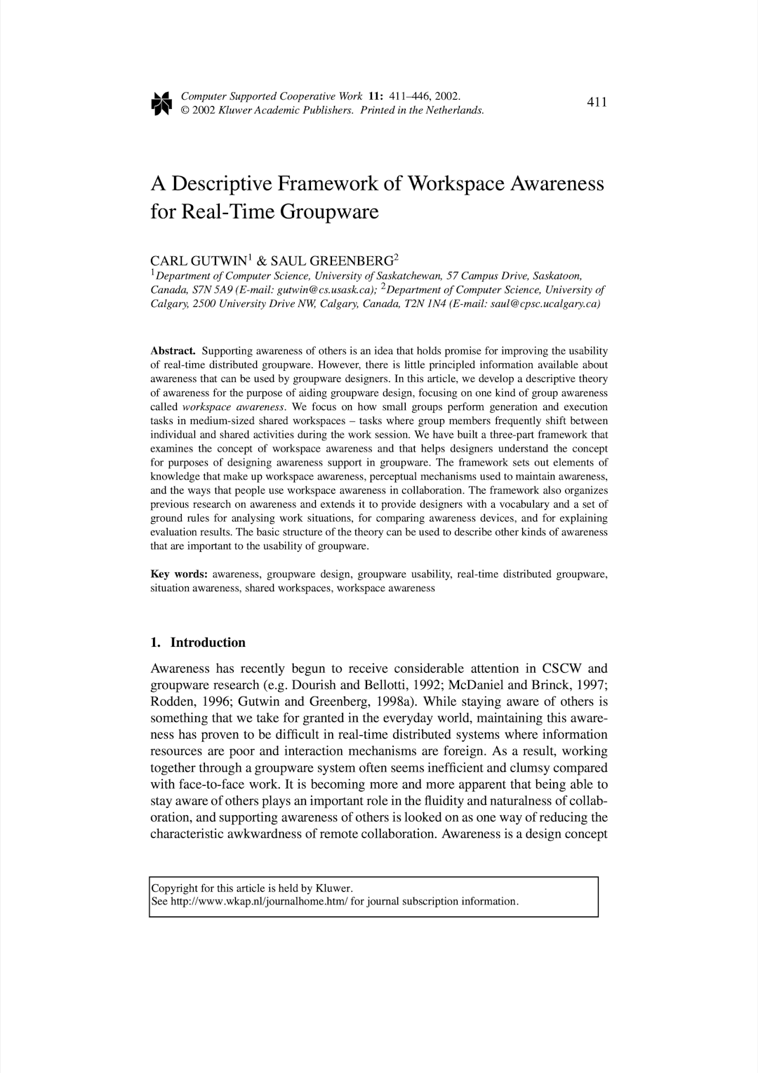 A Descriptive Framework of Workspace Awareness for Real-Time Groupware