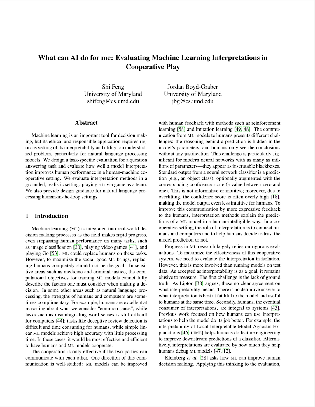 What can AI do for me: Evaluating Machine Learning Interpretations in Cooperative Play